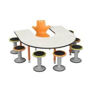 Dial Post Leg Table with Smooth Horseshoe Top and Casters with Tauri Chair and HIH Stools