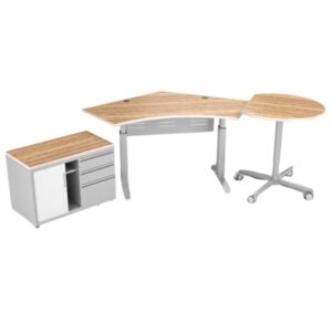 ELV8 Sit-2-Stand Tables & Teacher Stations Hudson Brown with Caddy, Side Table, and Modesty Panel