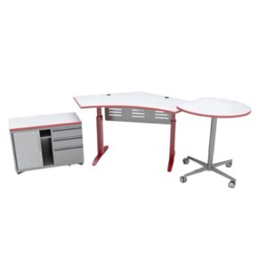 ELV8 Sit-2-Stand Tables & Teacher Stations Hudson Red with Caddy, Side Table, and Modesty Panel