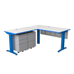 ELV8 Sit-2-Stand Tables & Teacher Stations Lancaster Blue Electric with Pedestals and Modesty Panel