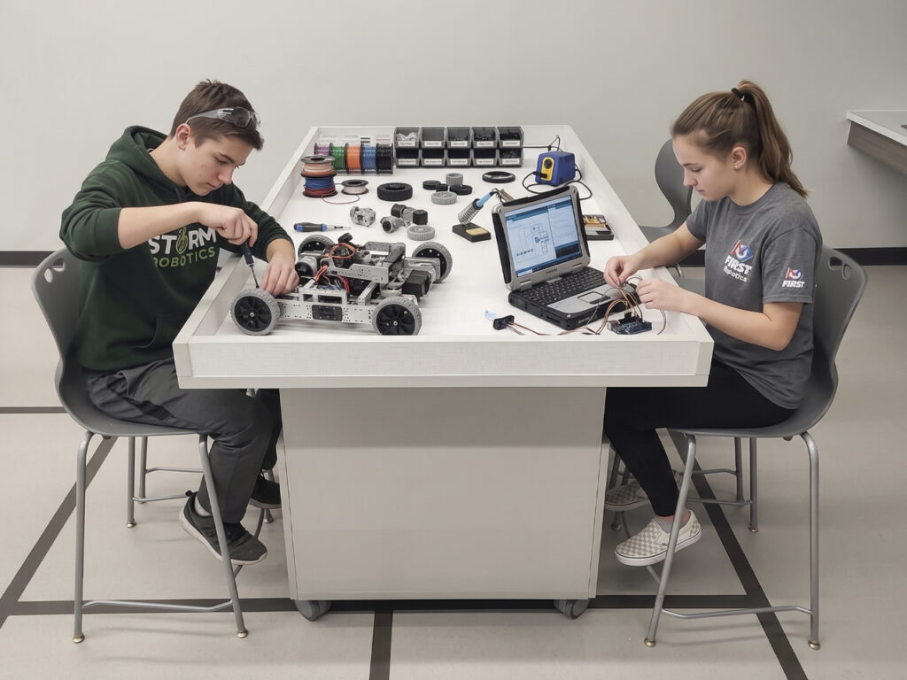 Hands-on makerspace in a school library featuring mobile KIO Tinker workstations for STEM learning.